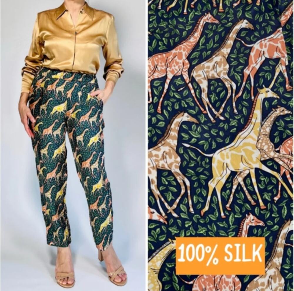 J Crew Silk Giraffe Pants Women's Size 6 Pull On Luxury Old Money Fun Zoo Safari